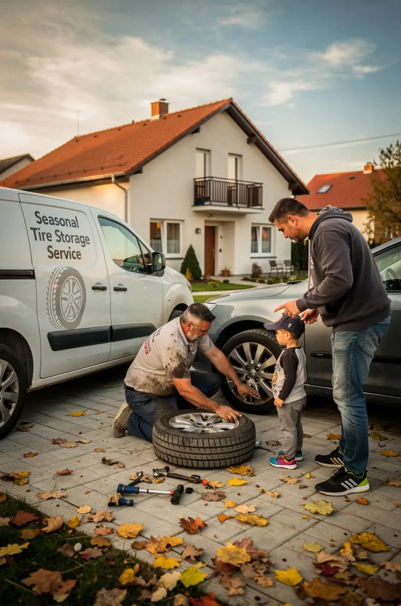 Detailný pohľad na meranie hĺbky dezénu pneumatiky počas odborného servisu.