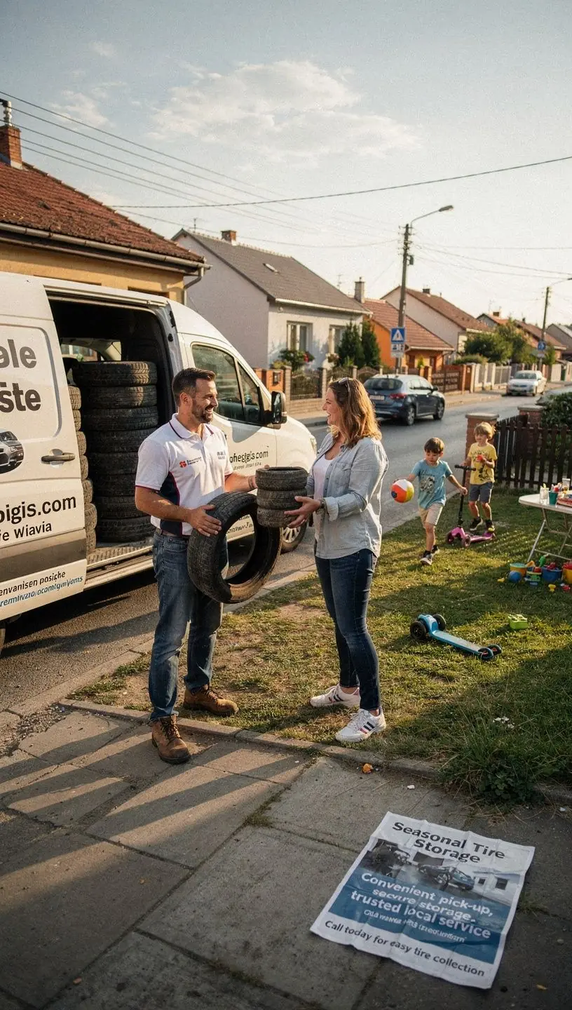 Zákazník odovzdáva kolesá na vyzdvihnutie domovému servisnému pracovníkovi.